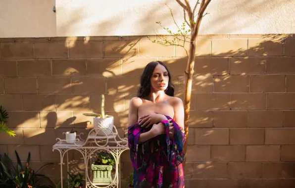 Wall, house, dress, woman, model, brunette, purple, balcony