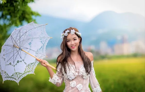 Картинка девушка, зонтик, платье, азиатка, венок, милашка