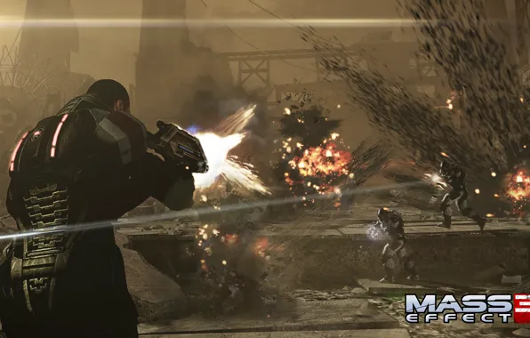 Картинка взрывы, бой, перестрелка, Шепард, Mass Effect 3, Shepard, Цербер, винтовка &ampquot;Защитник&ampquot;