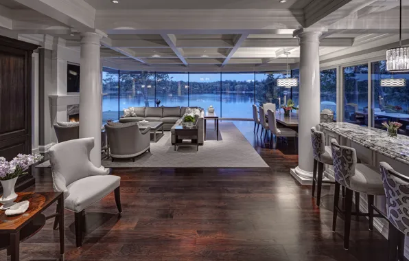 Вилла, интерьер, гостиная, столовая, Michigan, вид на озеро, Tursi, Upper Straits Lake House