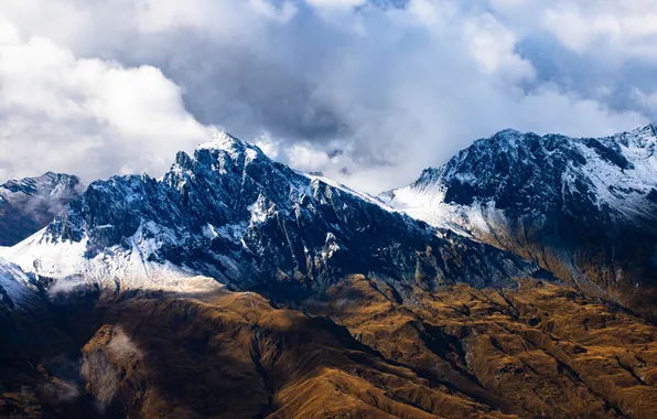 Картинка landscape, New Zealand, nature, mountains, clouds, snow, cliff, Fiordland National Park