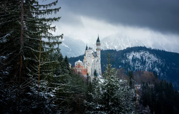 Зима, лес, горы, замок, Германия, Бавария, Germany, Bavaria