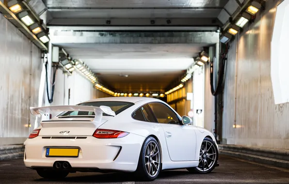 Картинка белый, 911, 997, Porsche, тоннель, white, порше, gt3