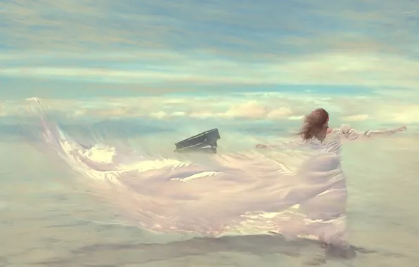 Небо, девушка, облака, ветер, рисунок, платье, пианино