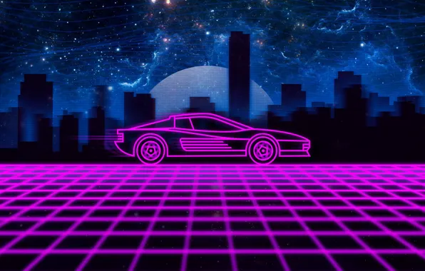 Музыка, Город, Машина, Силуэт, Фон, 80s, Neon, Testarossa