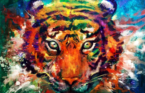 Глаза, взгляд, тигр, животное, голова, арт