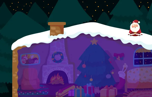 Зима, крыша, снег, ночь, праздник, вектор, арт, Новый год