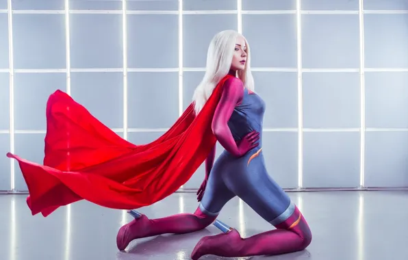 Girl, cosplay, superwoman, blonde, costume, cape