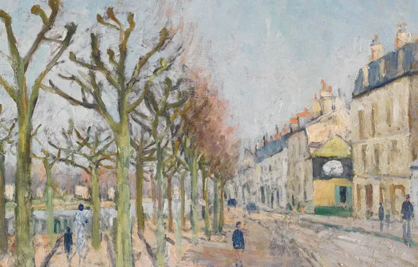Деревья, улица, дома, картина, городской пейзаж, Гюстав Луазо, Gustave Loiseau, Quay of the River Long. …