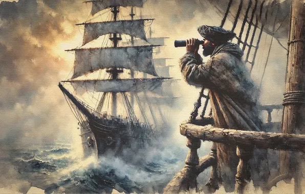 Картинка море, волны, шторм, туман, корабль, парусник, пират, бинокль