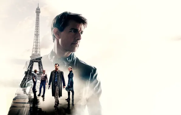 Коллаж, белый фон, Эйфелева башня, боевик, постер, Том Круз, персонажи, Tom Cruise