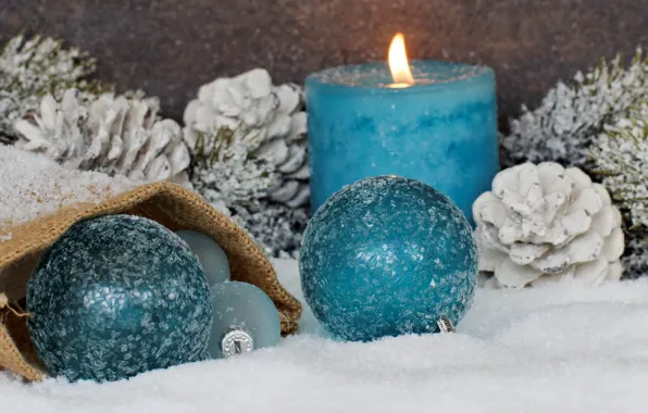 Снег, шары, свечи, Новый Год, Рождество, merry christmas, decoration, xmas