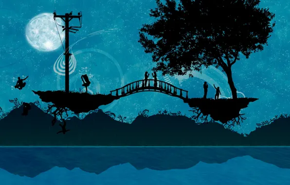 Картинка мост, люди, дерево, Вектор