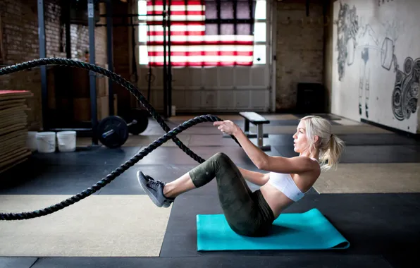 Blonde, female, rope, training, crossfit, Workout