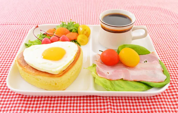Картинка яйцо, кофе, завтрак, помидоры, томаты, бекон, булочка, coffee