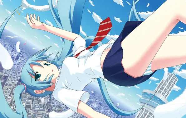 Город, башня, перья, полёт, vocaloid, hatsune miku, вокалоид