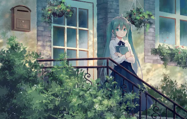 Картинка девушка, дом, Hatsune Miku, Vocaloid, крыльцо