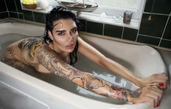 Девушка, тату, ванна, Jack Russell