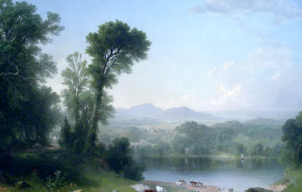 Картинка берег, картина, речка, водопой
