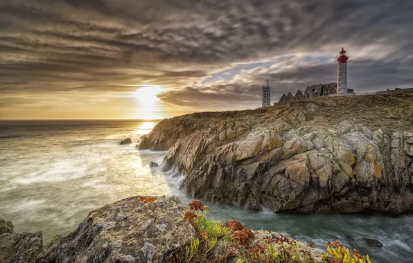 Море, закат, маяк, Phare de Saint-Mathieu