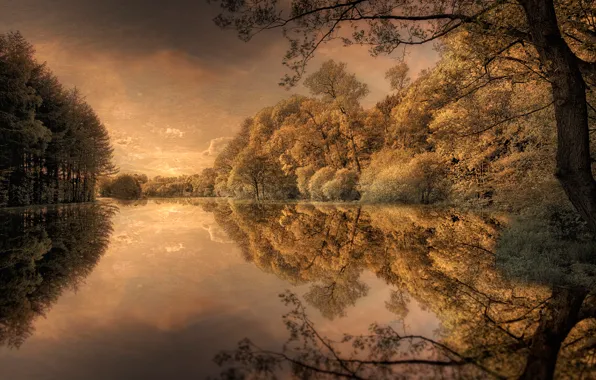 Осень, природа, река, фотошоп, обработка, картина
