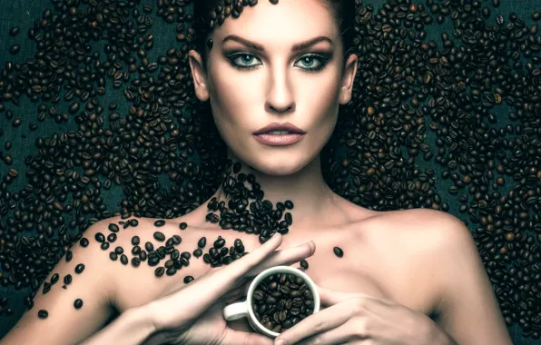 Девушка, кофе, чашка, зёрна, unground coffee