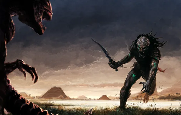 Картинка поле, трава, меч, чужой, пирамиды, против, хищника, aliens vs. predator