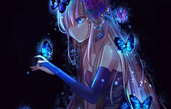 Картинка девушка, бабочки, цветы, аниме, арт, krain0406
