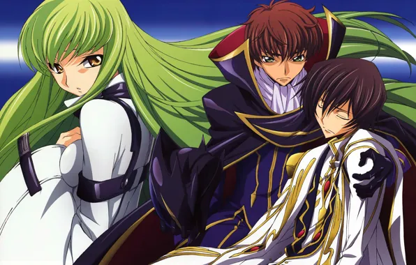 Шлем, плащ, зеленые волосы, трое, code geass, код гиас, c.c., suzaku kururugi