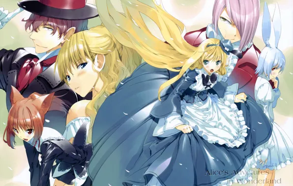 Кролик, алиса, шляпник, neko, art, фартук, alice in wonderland, голубое платье