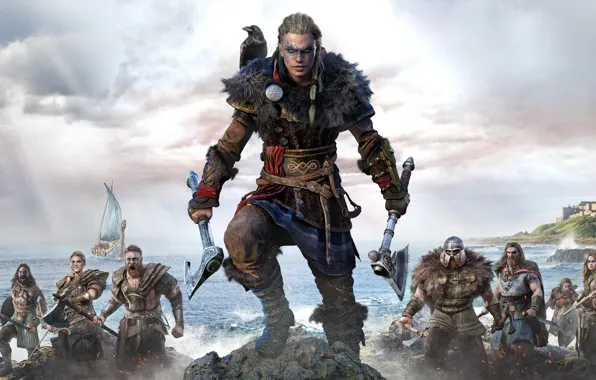Воительница, Assassin's Creed, Драккар, Assassin's Creed Valhalla, Ворон Одина, Побрили