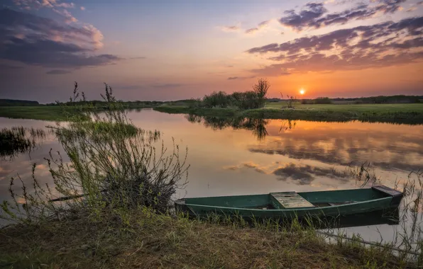 Картинка пейзаж, природа, река, рассвет, лодка, утро, берега, Robert Kropacz