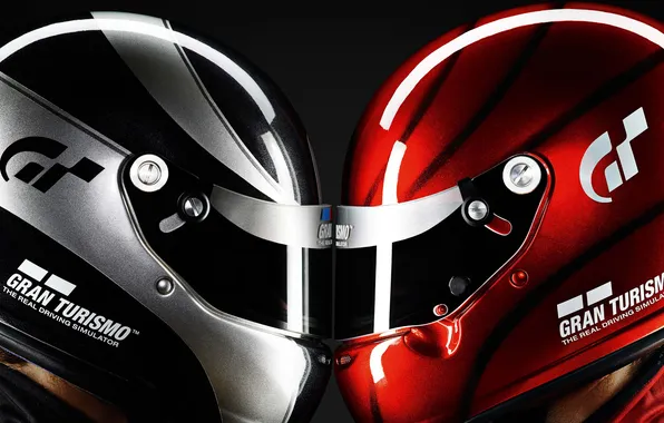 Картинка красный, серебристый, шлем, профиль, головы, мужчины, лицом к лицу, Gran Turismo