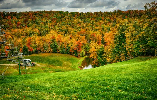 Картинка осень, лес, трава, листья, холмы, подъемник