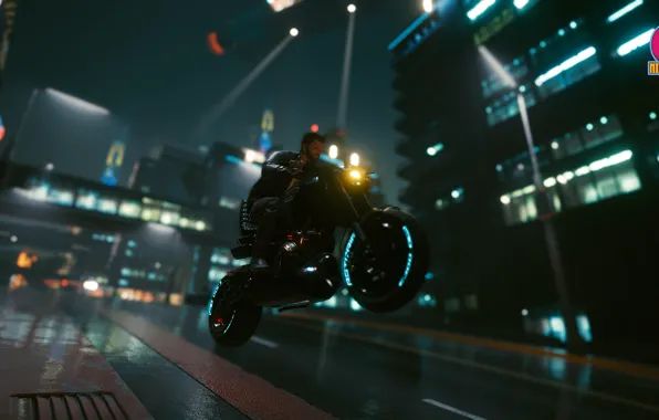 Ночь, Город, мотоцикл, киберпанк, Cyberpunk 2077, Cyberpunk, киберпанк 2077