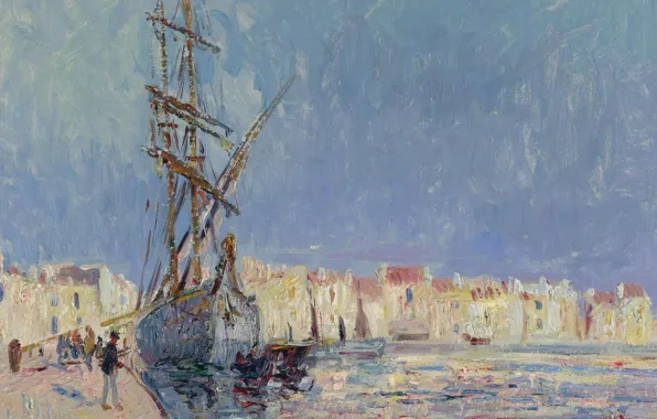 Корабль, дома, картина, городской пейзаж, Гюстав Луазо, Gustave Loiseau, The Martigues. The Port of Ferriere