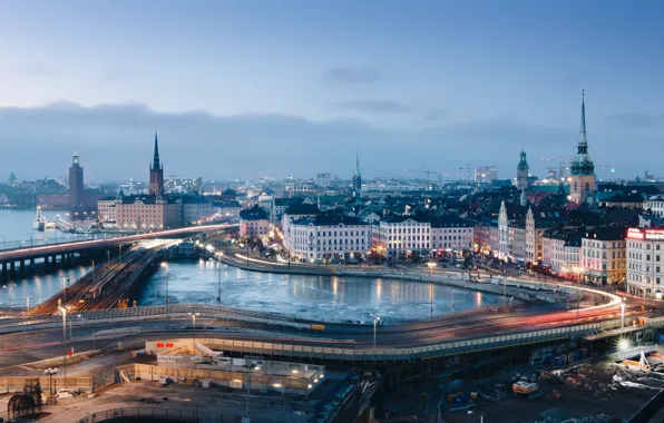 Картинка город, огни, вечер, Стокгольм, Швеция