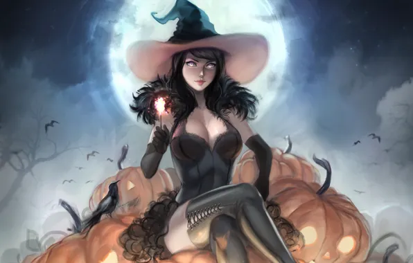 Картинка девушка, шляпа, тыква, ведьма, хеллоуин