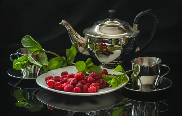 Картинка чашка, чайник, малина, натюрморт, чай
