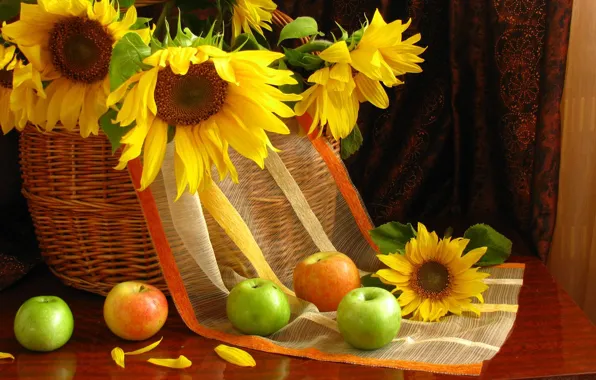 Подсолнухи, цветы, яблоки, лепестки, фрукты, натюрморт