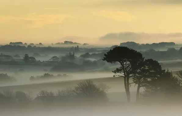 Картинка небо, деревья, туман, рассвет, Англия, дома, England, Корнуолл