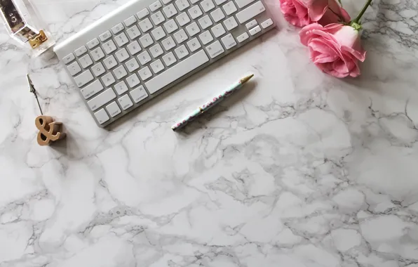 Розы, ручка, pink, flowers, roses, keyboard, marble