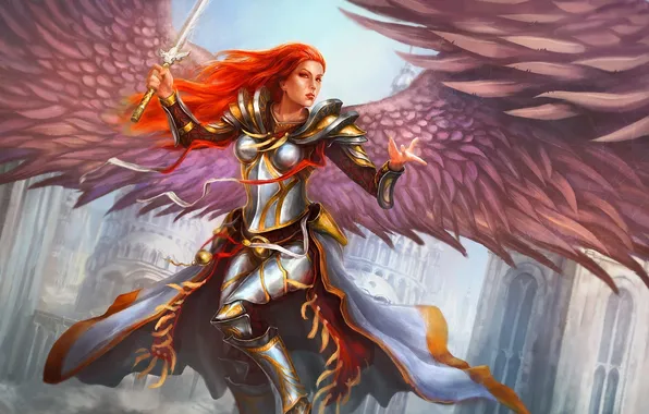 Картинка девушка, меч, арт, в небе, ангел. крылья
