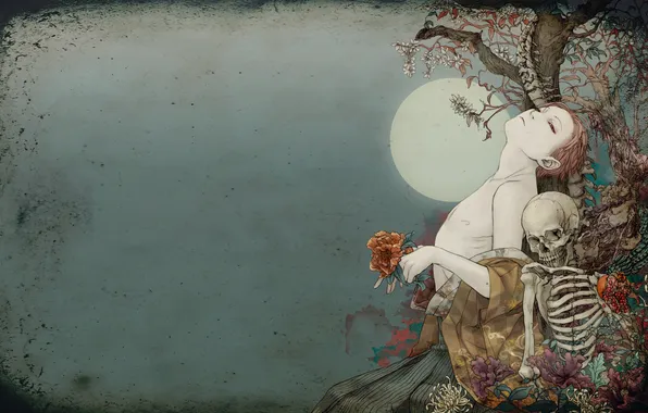 Картинка цветы, дерево, луна, череп, скелет, кимоно, mecchori