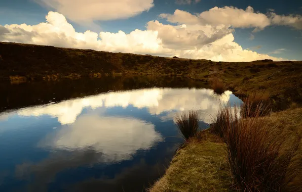 Картинка осень, трава, облака, озеро, отражение