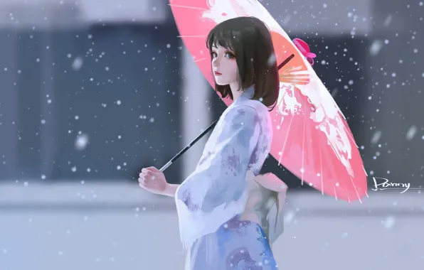 Картинка снег, стрижка, азиатка, юката, красный зонт, размытый фон, портрет девушки, под зонтом