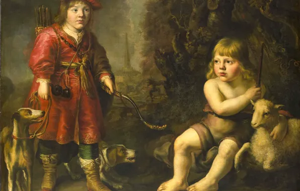 Картинка картина, жанровая, D.J. de Dowe, Портрет Двух Мальчиков в Ландшафте