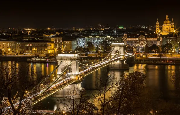 Ночь, мост, город, огни, река, Венгрия, Будапешт