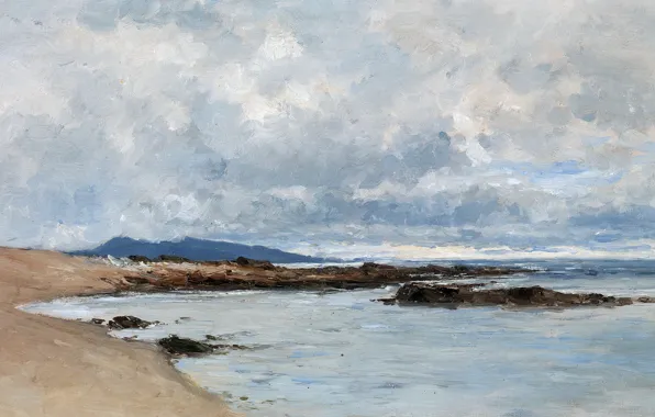 Облака, горы, берег, картина, морской пейзаж, Карлос де Хаэс, Пляж в Андае