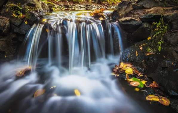 Осень, камни, водопад, осенние листья